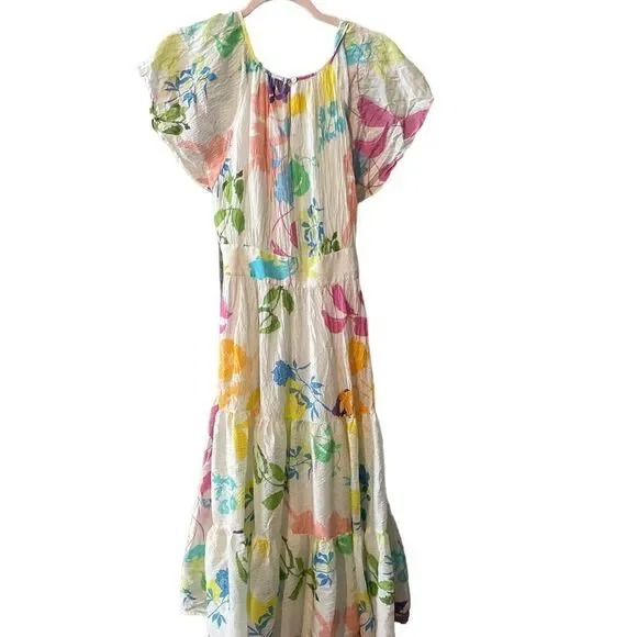 Tanya Taylor Ella Floral Rainbow Dress Silk Midi Flutter Sleeve Size 4 - Picture 6 of 9